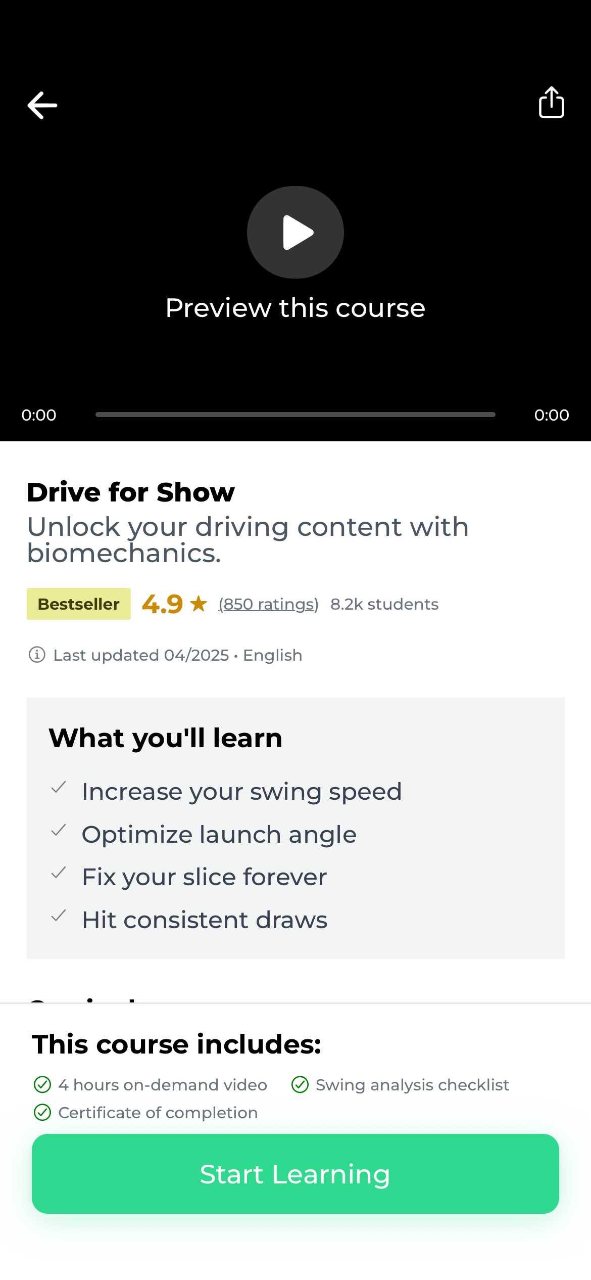 GolfSchool app showing a course lesson video