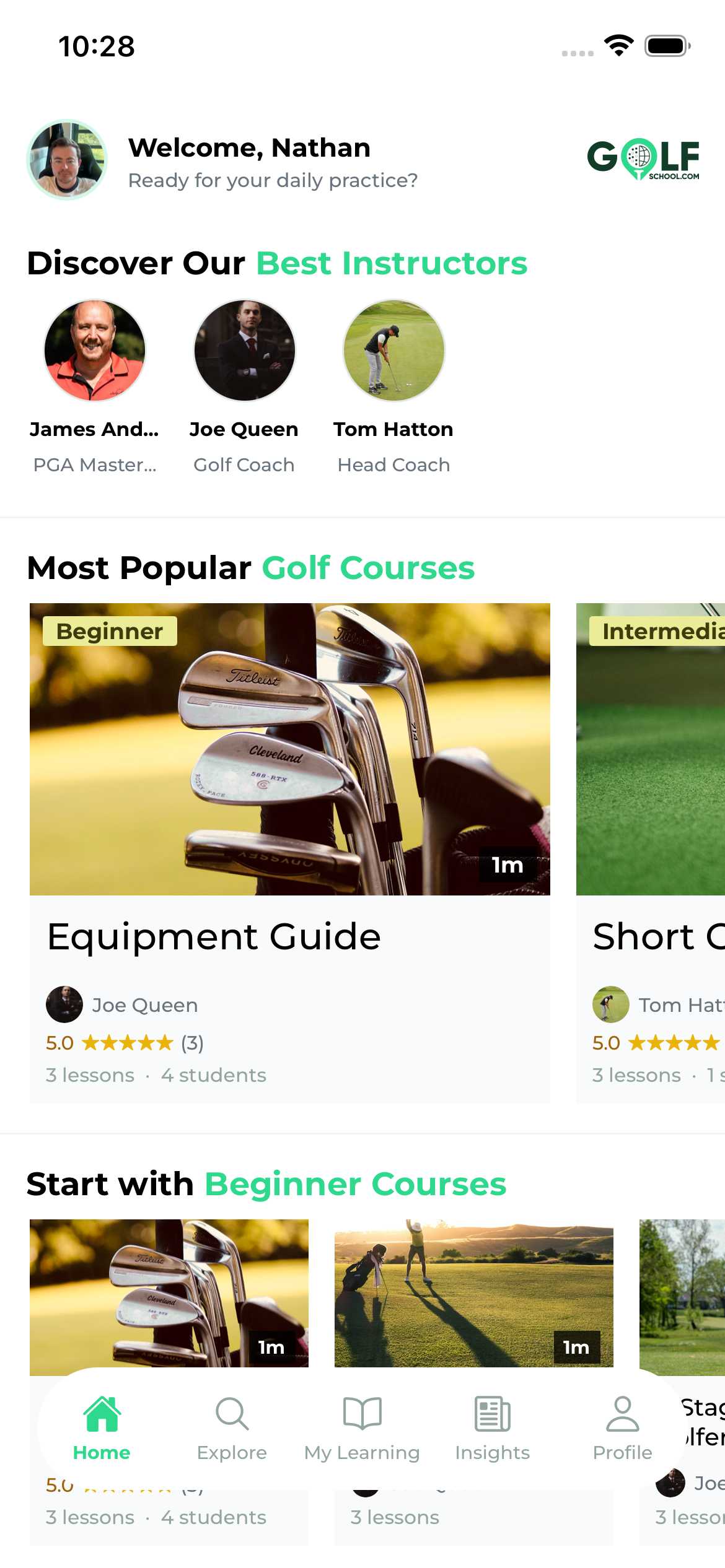GolfSchool app home screen listing featured coaches and the most popular golf courses