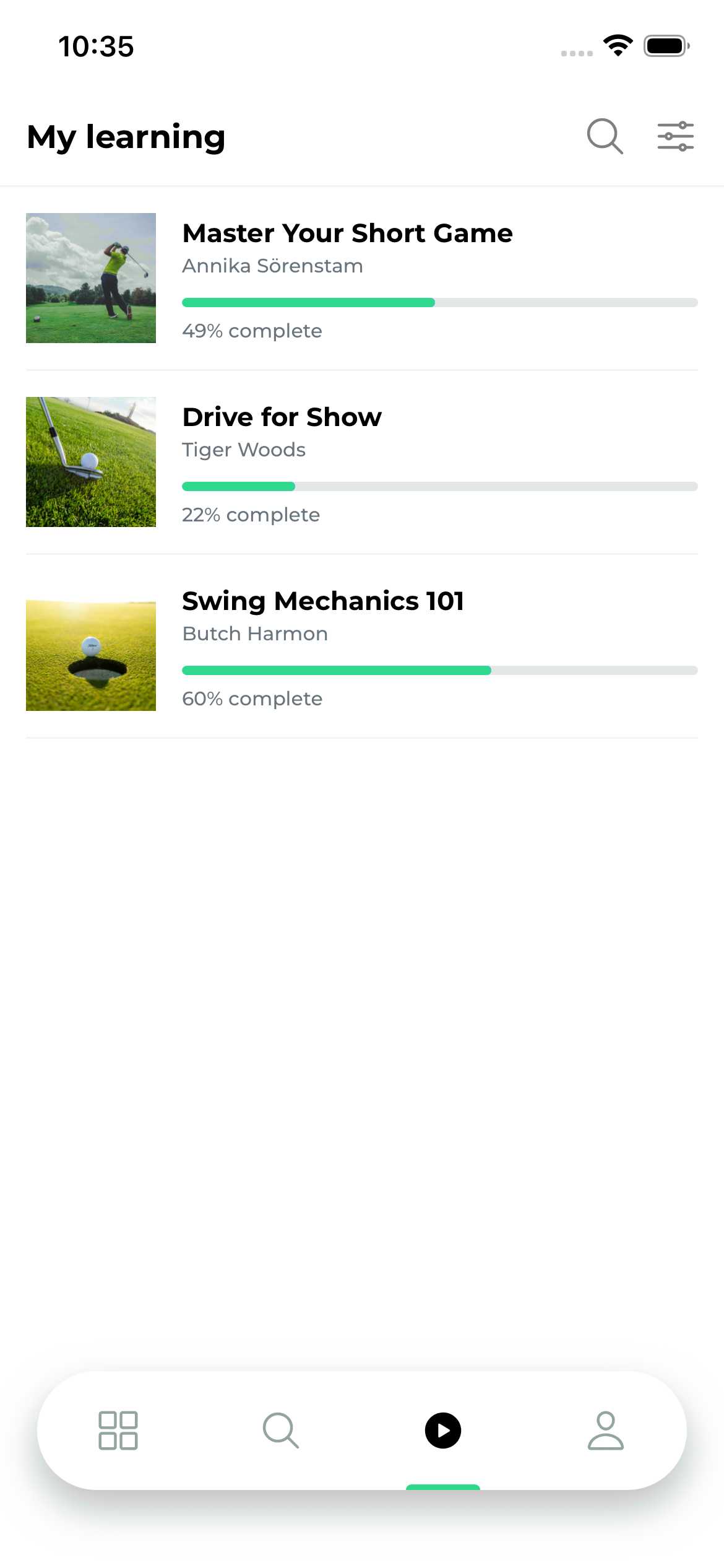 Progress dashboard showing completed drills