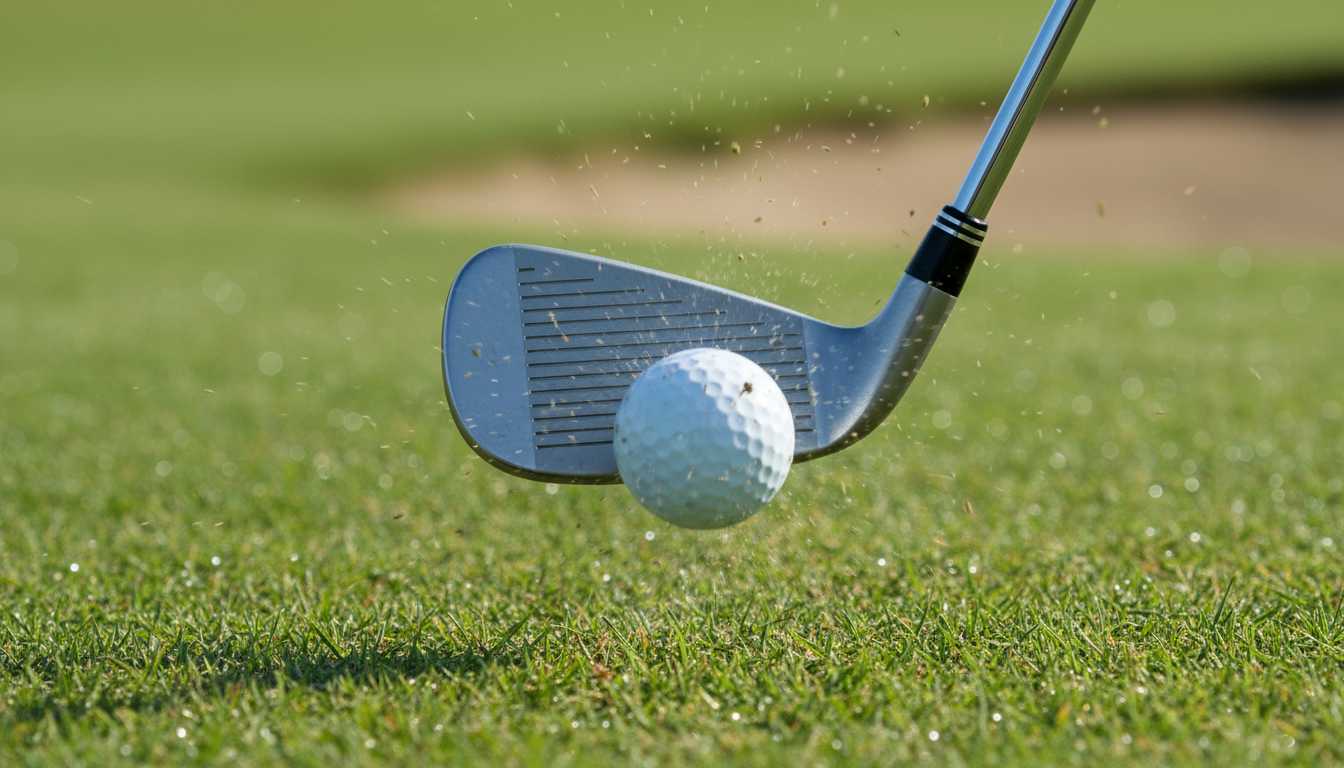 A mid-iron at the moment of impact, compressing the ball against the turf