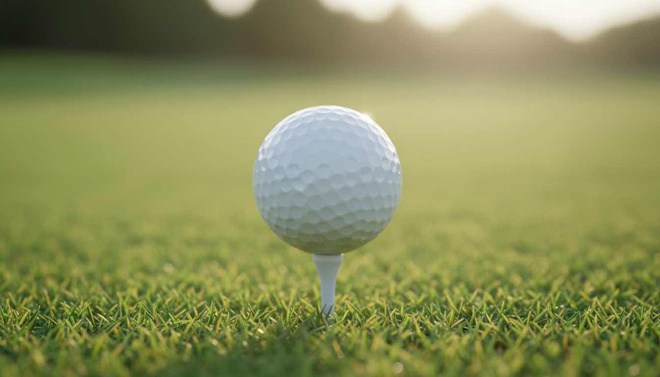 A golfer driving from an elevated tee towards a fairway at sunrise